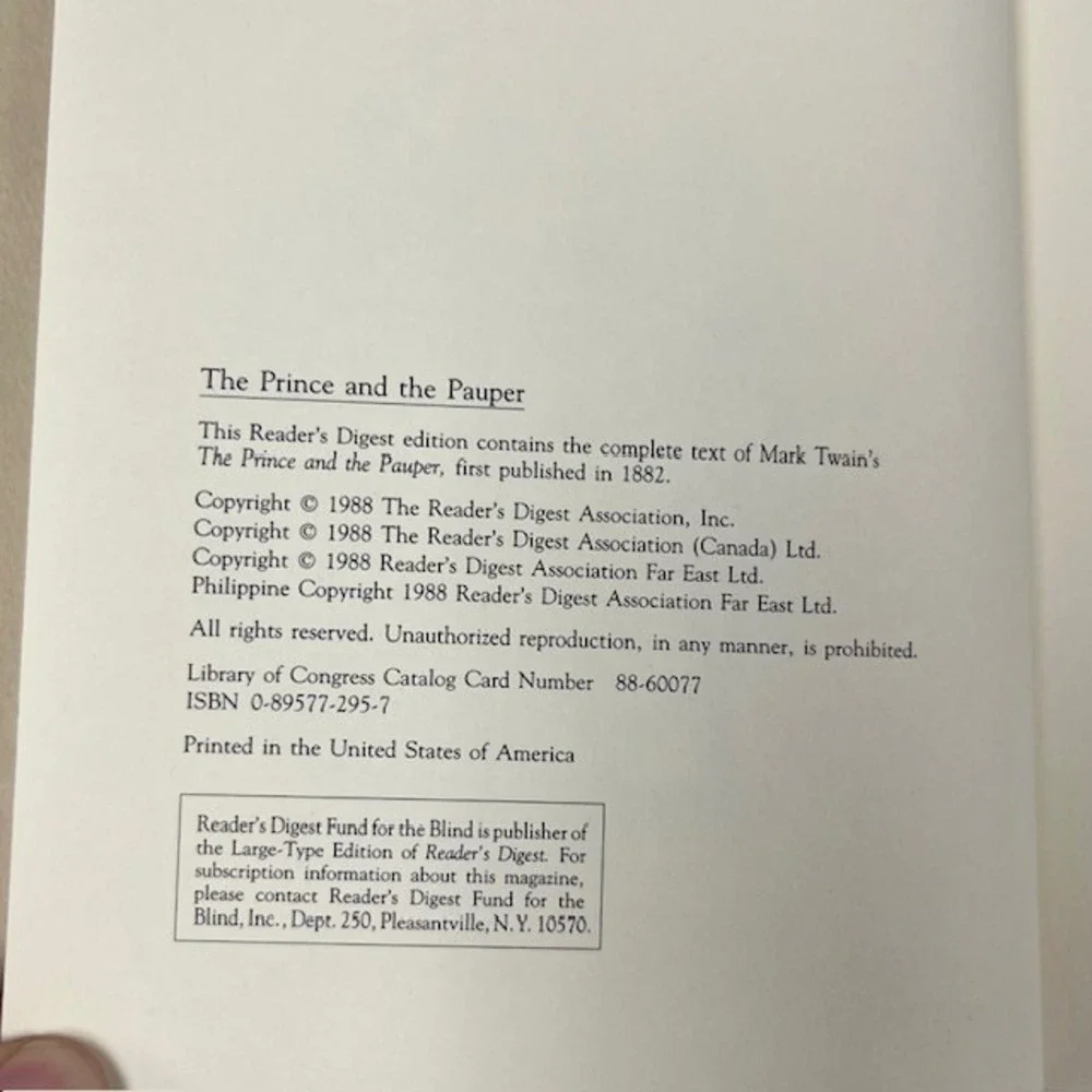 The Prince and the Pauper Mark Twain Reader's Digest World's Best Reading 1988